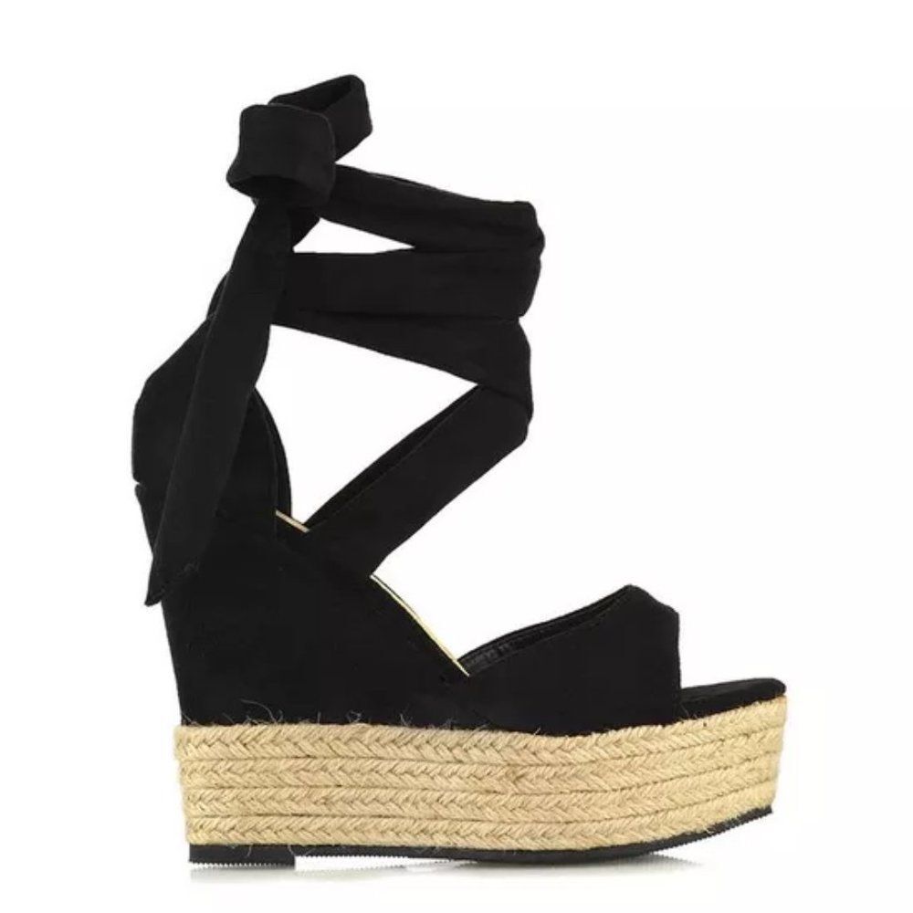 XY LONDON 'Sansa' Tie Up Woven High Wedge Platform Heel Sandals